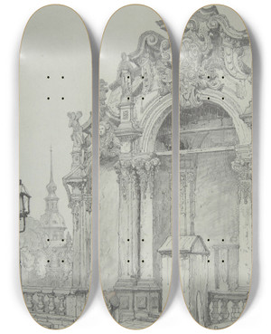 Triptych art skateboard deck of Samuel Prout The Zwinger Dresden by Samuel Prout (1783-1852)