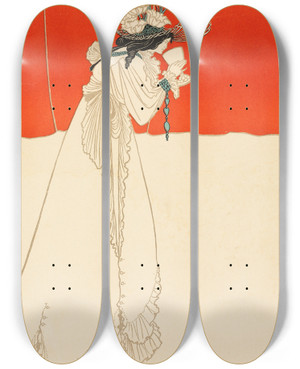 Triptych art skateboard deck of Aubrey Vincent Beardsley Isolde by Aubrey Vincent Beardsley (1872-1898)