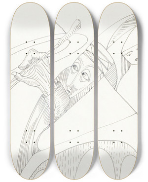 Triptych art skateboard deck of Samuel Jessurun De Mesquita Man Met Een Pen In De Hand En Een Figuur Met Een Hoed by Samuel Jessurun De Mesquita (1868-1944)