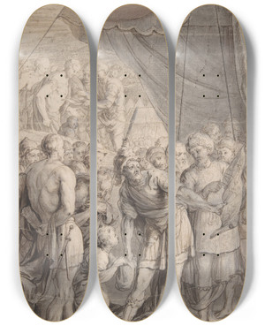 Triptych art skateboard deck of Jan Antoine Coxie A General And His Army Looking At A Map by Jan Antoine Coxie (1660-1720)