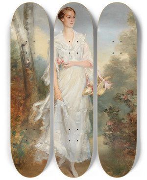Triptych art skateboard deck of Adolf Pirsch Portrait Of A Young Lady With A Basket Of Flowers by Adolf Pirsch (1858-1929)
