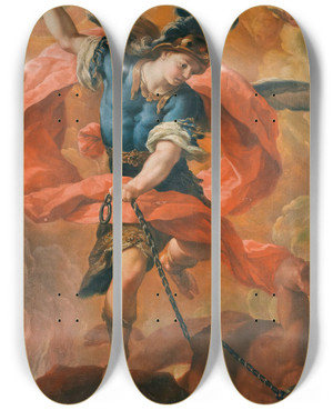 Triptych art skateboard deck of Antonio Acisco Palomino De Castro Y Velasco The Archangel Michael Defeating The Devil by Antonio Acisco Palomino De Castro Y Velasco (1655-1726)