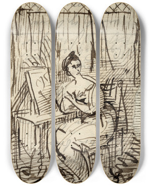 Triptych art skateboard deck of David Humbert De Superville Vrouw Zittend Bij Toilettafel by David Humbert De Superville (1770-1849)