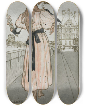 Triptych art skateboard deck of Auguste Louis Lepre Paris Almanac 1897 Spring by Auguste Louis Lepere (1849-1918)