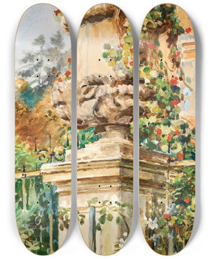 Triptych art skateboard deck of Rudolf Konopa Garden Fence With Stone Vase by Rudolf Konopa (1864-1938)