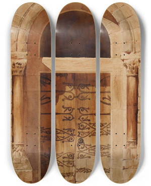 Triptych art skateboard deck of Cass Gilbert Portal Of Church Of Nervy St Sepulchre by Cass Gilbert (1859-1934)