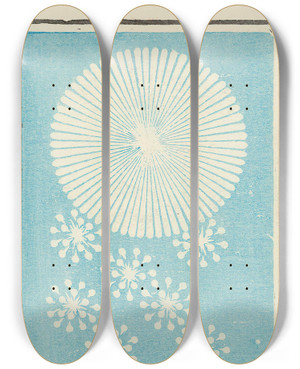 Triptych art skateboard deck of Jinta Hirayama Illustrated Catalogue Of Daylight Bomb Shells No 85 by Jinta Hirayama (19-)
