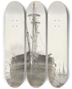 Triptych art skateboard deck of Hendrik Abraham Klinkhamer Zeilschip Van Voren Gezien In Een Houthaven by Hendrik Abraham Klinkhamer (1810-1872)