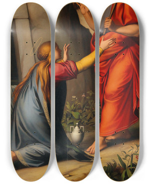 Triptych art skateboard deck of Johann Jakob Fink Easter Morning Or Noli Me Tangere by Johann Jakob Fink (1821-1846)