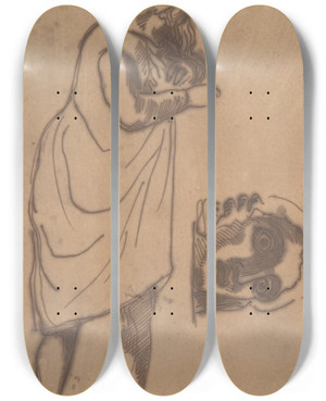 Triptych art skateboard deck of Eugne Delacroix A Bearded Man Standing And A Classical Head by Eugene Delacroix (1798-1863)