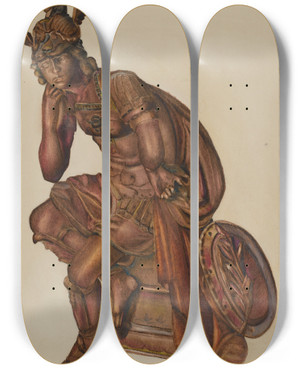 Triptych art skateboard deck of Charles R Shane Seated Warrior by Charles R Shane