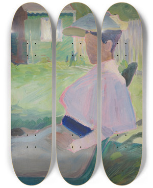 Triptych art skateboard deck of Richard Bergh Woman On Garden Chair Visby by Richard Bergh (1858-1919)