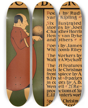 Triptych art skateboard deck of Edward Penfield The Christmas Scribners by Edward Penfield (1866-1925)