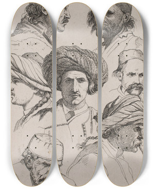 Triptych art skateboard deck of Jacob Kornerup Dalmatiske Fysiognarnier by Jacob Kornerup (1825-1913)