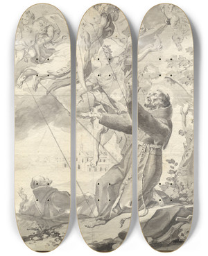Triptych art skateboard deck of Johan Baptist Enzensberger The Stigmatization Of Saint Francis by Johan Baptist Enzensberger (1733-1773)
