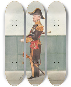 Triptych art skateboard deck of Leslie Matthew Ward Military And Navy 40 Hp In A Dinghy Admiral Sir Compton Domvile by Leslie Matthew Ward (1851-1922)
