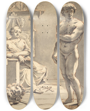 Triptych art skateboard deck of Gerard Van Houten Allegory Of Sculpture by Gerard Van Houten (1675-1706)