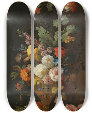 Triptych art skateboard deck of Jakob Bogdny A Still Life Of Roses And Other Flowers In A Metal Vase On A Marble Ledge by Jakob Bogdany (1660-1724)