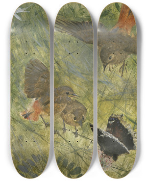 Triptych art skateboard deck of Bruno Liljefors Redstarts And Butterflies by Bruno Liljefors (1860-1939)