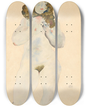 Triptych art skateboard deck of Egon Schiele Kniender Weiblicher Akt by Egon Schiele (1890-1918)