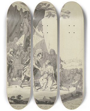 Triptych art skateboard deck of Johann Heinrich Tischbein The Elder Coriolanuss Wrath by Johann Heinrich Wilhelm Tischbein (1722-1789)