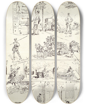 Triptych art skateboard deck of Moritz Ledeli Wiener Typen 1885 Wien Im Sommer by Moritz Ledeli (1856-1920)
