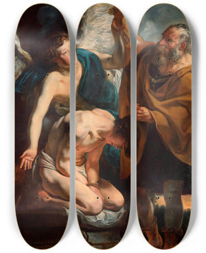 Triptych art skateboard deck of Jacob Jordaens The Sacrifice Of Isaac by Jacob Jordaens (1593-1678)