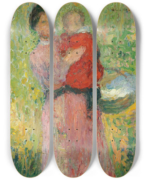 Triptych art skateboard deck of Henri Martin Femme Portant Dans Ses Bras Un Enfant En Rouge by Henri Martin (1860-1943)