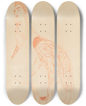 Triptych art skateboard deck of Gustav Klimt Reclining Seminude Masturbating by Gustav Klimt (1862-1918)