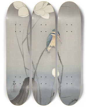 Triptych art skateboard deck of Ohara Koson Kingfisher With Lotus Flower by Ohara Koson (1877-1945)
