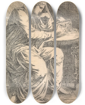 Triptych art skateboard deck of Alexander Runciman Sigismunda by Alexander Runciman (1736-1785)