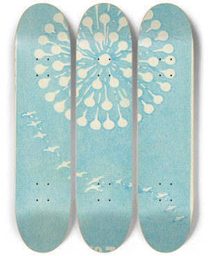 Triptych art skateboard deck of Jinta Hirayama Illustrated Catalogue Of Daylight Bomb Shells No 79 by Jinta Hirayama (19-)