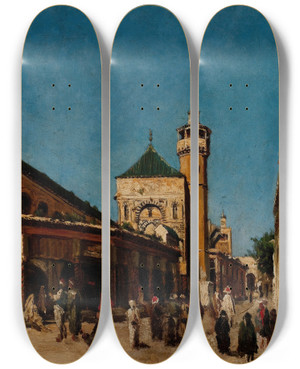 Triptych art skateboard deck of Georg Grimm Street In Tunis by Georg Grimm (1846-1887)