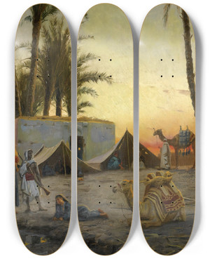 Triptych art skateboard deck of Peder Mrk Mnsted Desert Encampment by Peder Mork Monsted (1859-1941)