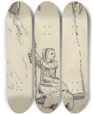 Triptych art skateboard deck of Winslow Homer Girl On A Swing_1 by Winslow Homer (1836-1910)