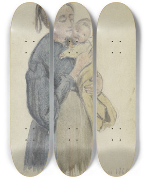 Triptych art skateboard deck of Hugo Kauffmann Frau Mit Kind Auf Dem Arm by Hugo Kauffmann (1844-1915)