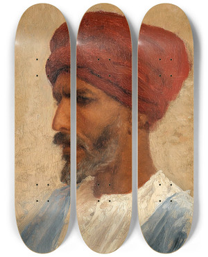 Triptych art skateboard deck of Leopold Carl Mller Portrait Of An Oriental With A Red Turban by Leopold Carl Muller (1834-1892)