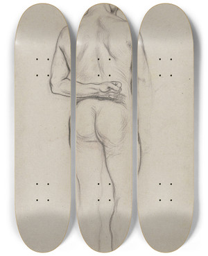 Triptych art skateboard deck of Otto Scholderer Stehender Mnnlicher Rckenakt by Otto Scholderer (1834-1902)