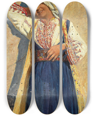 Triptych art skateboard deck of Daniel Israel Junges Mdchen In Volkstracht by Daniel Israel (1859-1901)