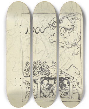 Triptych art skateboard deck of Hans Thoma New Years Day 1901 by Hans Thoma (1839-1924)