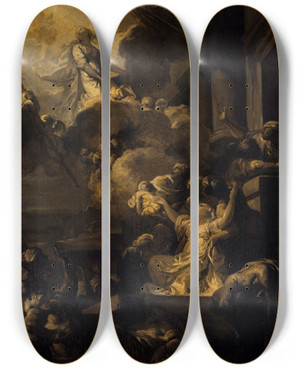 Triptych art skateboard deck of Albert Alexandre Lenoir Le Miracle Des Ardents by Albert Alexandre Lenoir (1801-1891)
