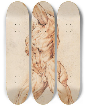 Triptych art skateboard deck of Willem Panneels Anatomical Study Corchs Walking Flayed Man Turned To The Left by Willem Panneels (1600-1634)