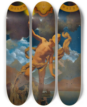 Triptych art skateboard deck of Maxfield Parrish Prometheus by Maxfield Parrish (1870-1966)