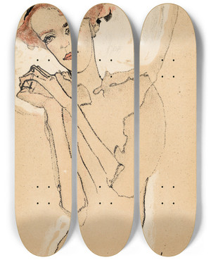 Triptych art skateboard deck of Egon Schiele Frauenbildnis Iii by Egon Schiele (1890-1918)
