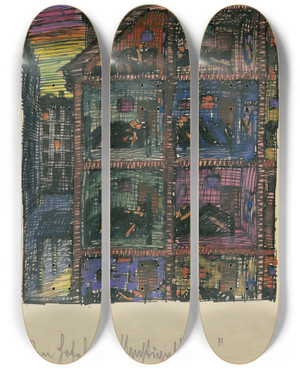 Triptych art skateboard deck of Karl Wiener Im Hotel Zur Nachtigall by Karl Wiener (1901-1949)