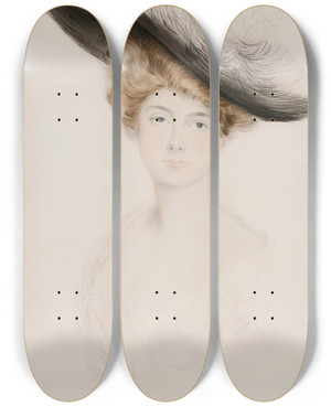 Triptych art skateboard deck of Paul Csar Helleu Portrait De Femme Au Chapeau_2 by Paul Cesar Helleu (1859-1927)