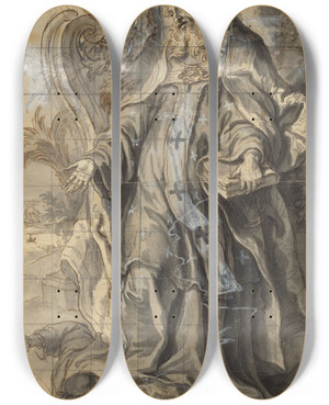 Triptych art skateboard deck of Gottfried Bernhard Gtz Saint Ambrose Suppressing Heresy by Gottfried Bernhard Gotz (1708-1774)