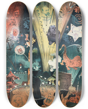 Triptych art skateboard deck of Frederick Burr Opper Pucks Pyrotechnics Fourthofjuly Fireworks Free To All by Frederick Burr Opper (1857-1937)