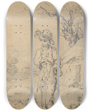 Triptych art skateboard deck of Gainsborough Dupont Boy Standing By A Cottage_1 by Gainsborough Dupont (1754-1797)