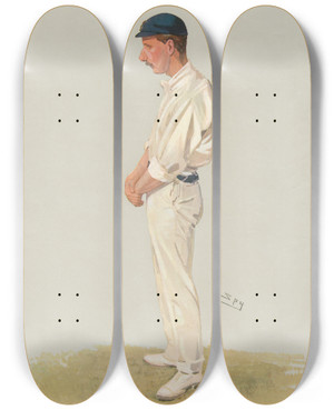 Triptych art skateboard deck of Leslie Matthew Ward Cricket Fortysix Centuries In Eleven Years Jt Tyldesley 8 August 1906 by Leslie Matthew Ward (1851-1922)